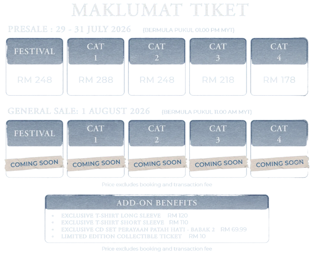 Ticket schedule and pricing: Presale Phase 1, Presale Phase 2, and General Sale