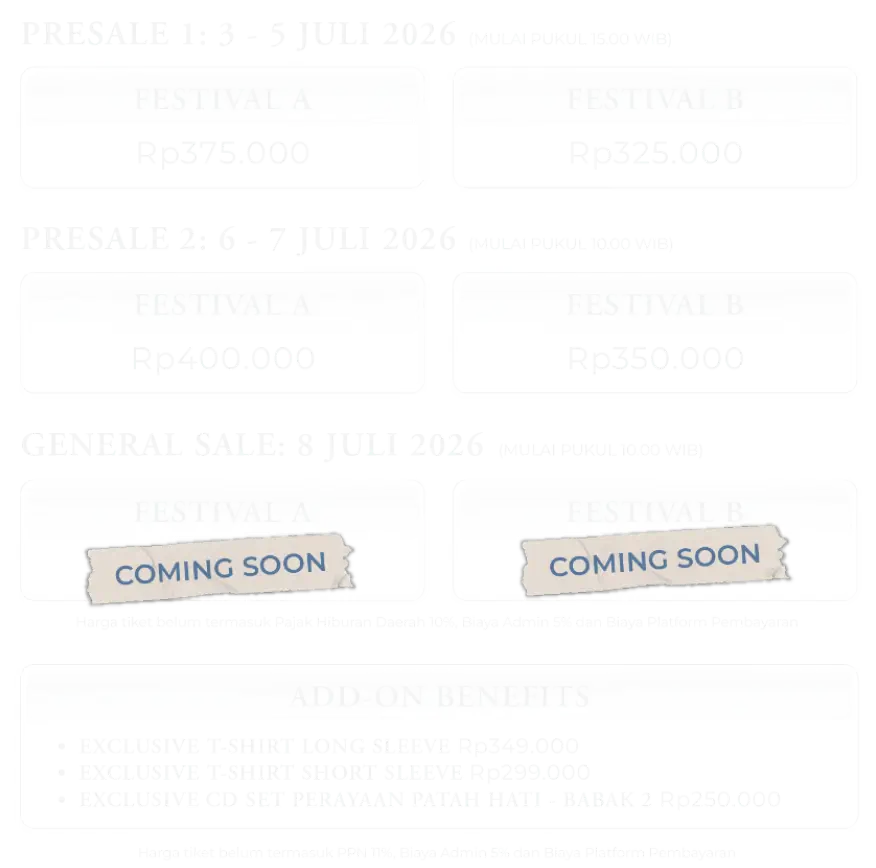 Jadwal dan harga tiket: Presale 1, Presale 2, General Sale, serta Add-On Benefits